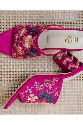 Pink,Magenta Hand Embroidered, Suede, Block Heels