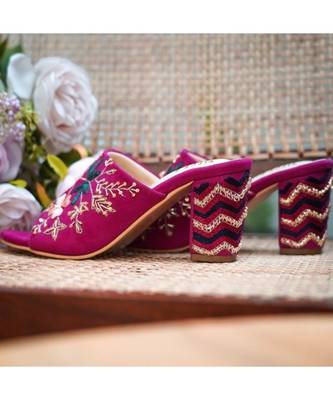 Pink,Magenta Hand Embroidered, Suede, Block Heels 3