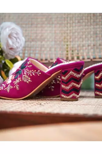 Pink,Magenta Hand Embroidered, Suede, Block Heels
