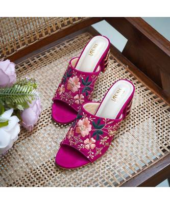 Pink,Magenta Hand Embroidered, Suede, Block Heels 4