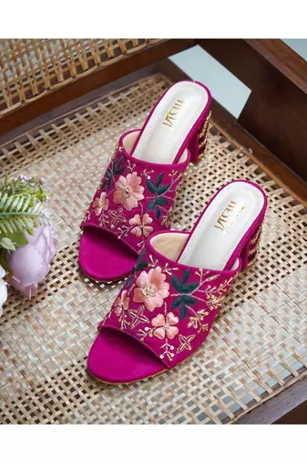 Pink,Magenta Hand Embroidered, Suede, Block Heels
