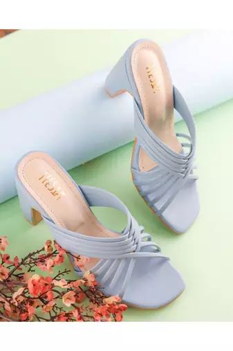 Clam Blue, Strappy Shoes, Block Heels, Leather 