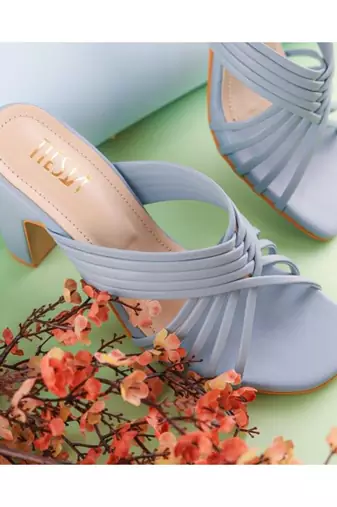 Clam Blue, Strappy Shoes, Block Heels, Leather 