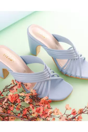 Clam Blue, Strappy Shoes, Block Heels, Leather 
