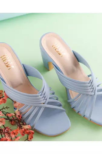 Clam Blue, Strappy Shoes, Block Heels, Leather 