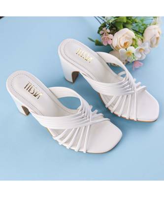 White, Strappy Shoes, Block Heels, Leather 1