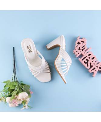 White, Strappy Shoes, Block Heels, Leather 2