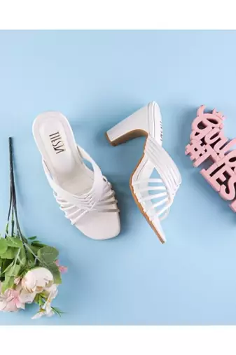 White, Strappy Shoes, Block Heels, Leather