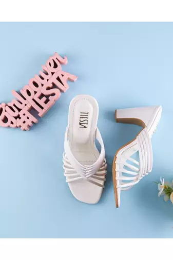 White, Strappy Shoes, Block Heels, Leather