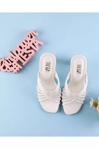 White, Strappy Shoes, Block Heels, Leather