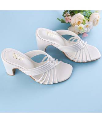 White, Strappy Shoes, Block Heels, Leather 5