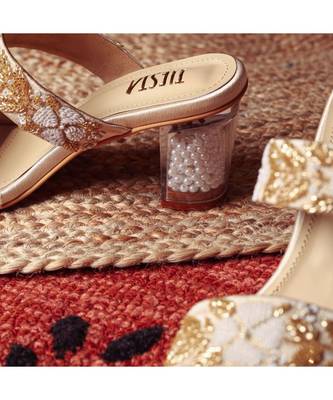 Peer (Gold White Work Strappy Crystal Transparent Block Heels) 2