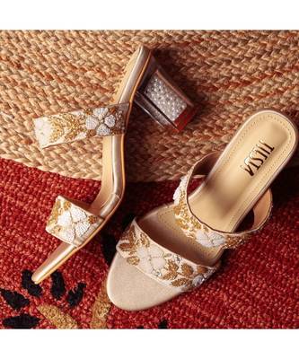 Peer (Gold White Work Strappy Crystal Transparent Block Heels) 3