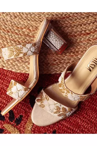 Peer (Gold White Work Strappy Crystal Transparent Block Heels)