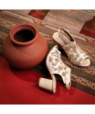 Zahara (Hand Embroidered, Gold Blocks Heels) 4