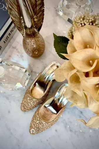 Stella Gold, Hand Embroidered, Gold Blocks Heels