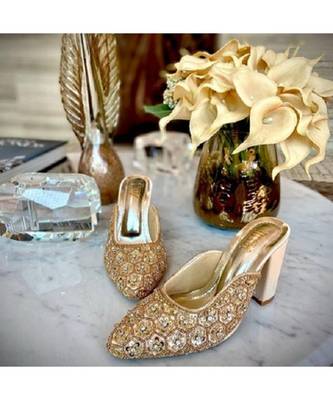 Stella Gold, Hand Embroidered, Gold Blocks Heels 3
