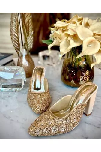 Stella Gold, Hand Embroidered, Gold Blocks Heels