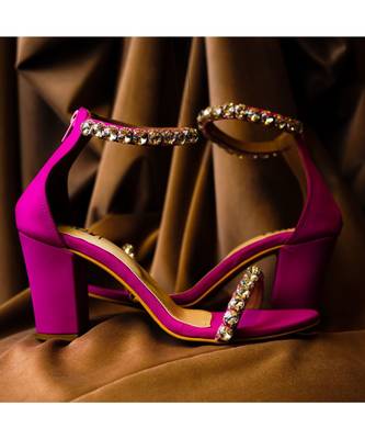 Kash (White And Silver Stones And Pearl, Pink Suede High Heels Ankle Strap) 1