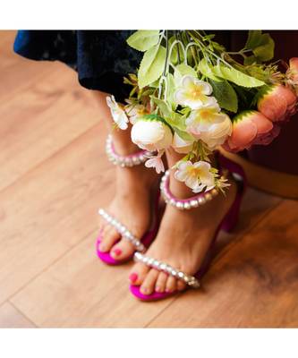 Kash (White And Silver Stones And Pearl, Pink Suede High Heels Ankle Strap) 2