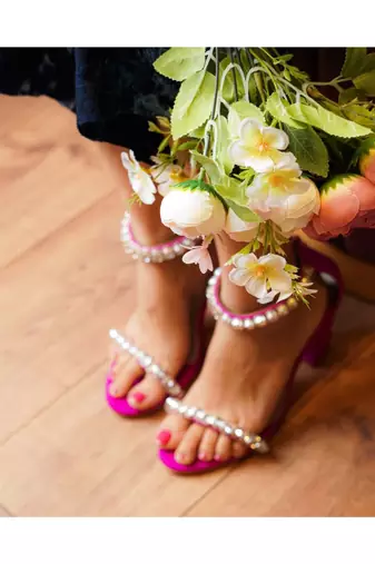Kash (White And Silver Stones And Pearl, Pink Suede High Heels Ankle Strap)