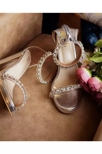 Kash (White And Silver Stones And Pearl, Silver Suede High Heels Ankle Strap)