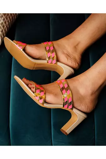 Petra ( Gold And Pink Block Heels)