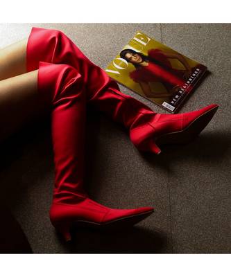 Sexy (Red Boots) High Knee Boots Blocks Kitten Heels 2