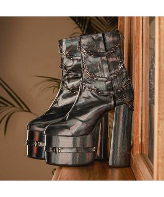 Bravo (Boots Platform Blocks , Gun Metal Silver Metallic Grey Boots Ankle Length) 3