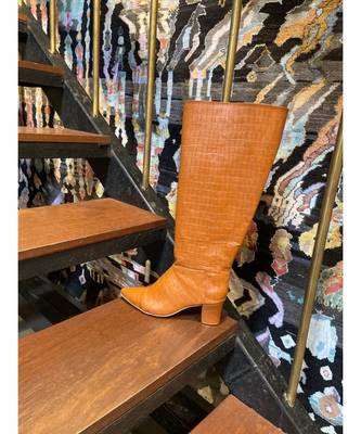Cowboy Boots (High Knee Length Tan Blocks Boots) 3