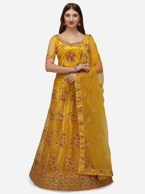Yellow embroidered net semi stitched lehenga 1