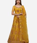 Yellow embroidered net semi stitched lehenga