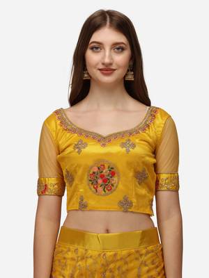 Yellow embroidered net semi stitched lehenga 3