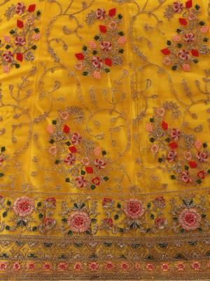Yellow embroidered net semi stitched lehenga 4