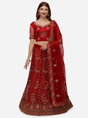 Red embroidered net semi stitched lehenga 1