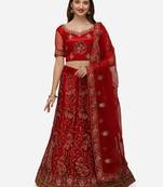 Red embroidered net semi stitched lehenga