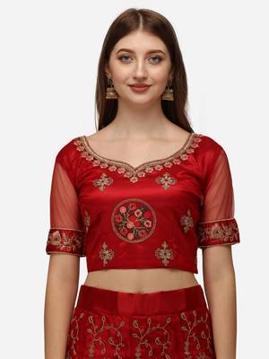 Red embroidered net semi stitched lehenga 3