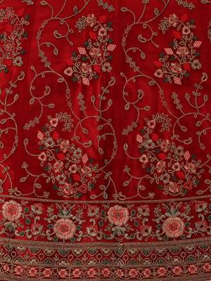 Red embroidered net semi stitched lehenga 4