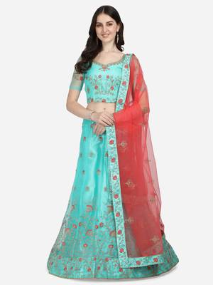 Sea-green embroidered net semi stitched lehenga 2