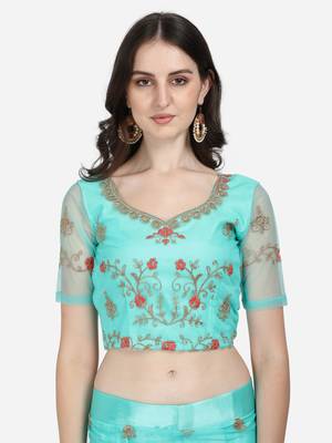 Sea-green embroidered net semi stitched lehenga 3