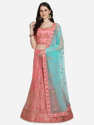 Pink embroidered net semi stitched lehenga 1