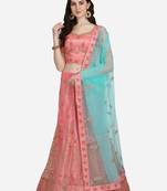 Pink embroidered net semi stitched lehenga