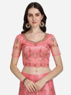 Pink embroidered net semi stitched lehenga 3