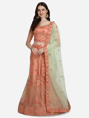 Peach embroidered net semi stitched lehenga 1