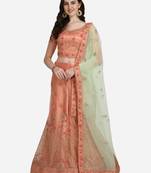 Peach embroidered net semi stitched lehenga