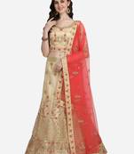 Beige embroidered net semi stitched lehenga