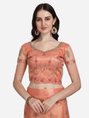 Peach embroidered net semi stitched lehenga 3