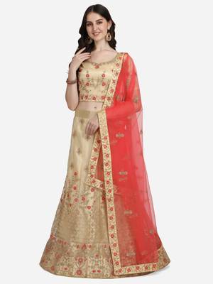 Beige embroidered net semi stitched lehenga 2