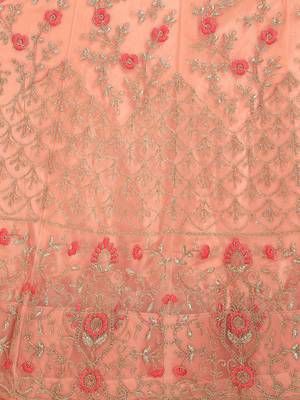 Peach embroidered net semi stitched lehenga 4