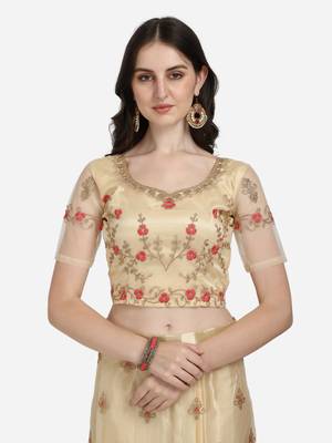 Beige embroidered net semi stitched lehenga 3
